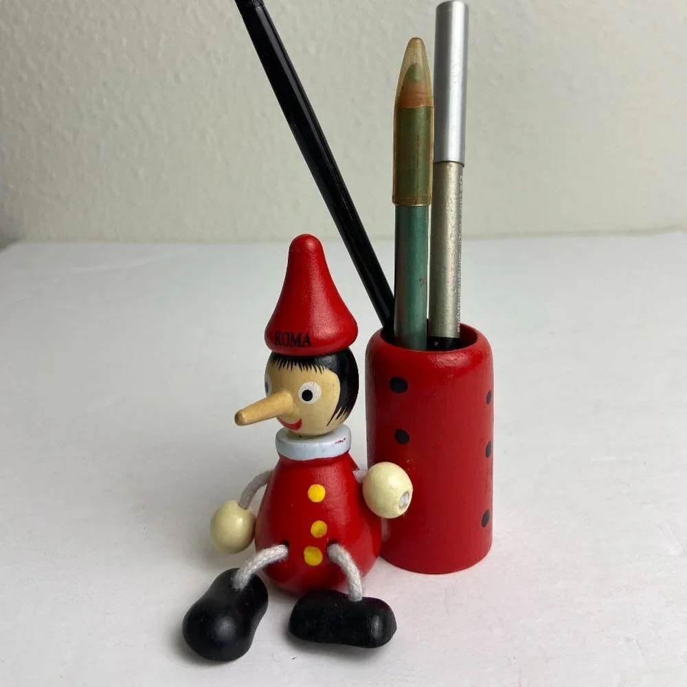 Vintage Wooden Pinocchio pencil holder Makeup Like new